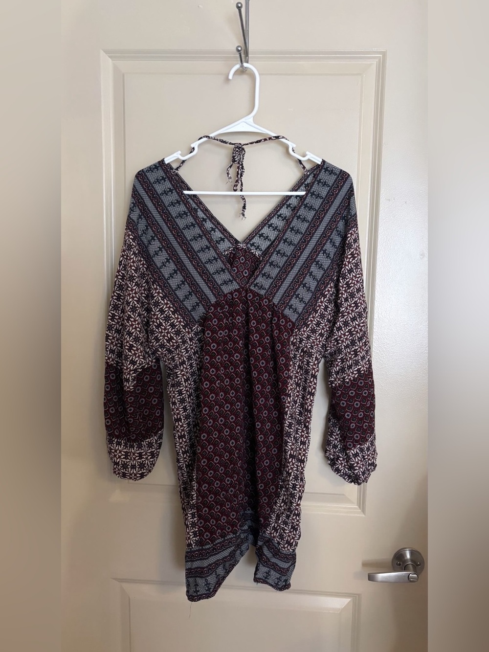 Boho V-Neck Peasant Tunic in Burgundy and Gray
